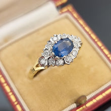 Load image into Gallery viewer, Vintage 18ct Yellow & White Gold Sapphire and Diamond Cluster Ring in a vintage ring box