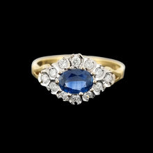 Load image into Gallery viewer, Vintage 18ct Yellow & White Gold Sapphire and Diamond Cluster Ring on a black background