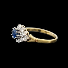 Load image into Gallery viewer, Vintage 18ct Yellow & White Gold Sapphire and Diamond Cluster Ring side view, on a black background