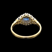 Load image into Gallery viewer, Vintage 18ct Yellow & White Gold Sapphire and Diamond Cluster Ring rear view, on a black background