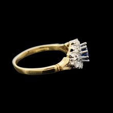 Load image into Gallery viewer, Vintage 18ct Yellow & White Gold Sapphire and Diamond Cluster Ring side view, on a black background