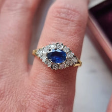 Load image into Gallery viewer, Vintage 18ct Yellow & White Gold Sapphire and Diamond Cluster Ring modelled on the index finger