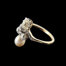 Load image into Gallery viewer, Antique 18ct Gold Saltwater Pearl and Diamond Fancy Cluster Ring side view, on a black background
