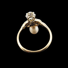 Load image into Gallery viewer, Antique 18ct Gold Saltwater Pearl and Diamond Fancy Cluster Ring rear view, on a black background