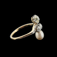 Load image into Gallery viewer, Antique 18ct Gold Saltwater Pearl and Diamond Fancy Cluster Ring side view, on a black background
