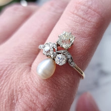 Load image into Gallery viewer, Antique 18ct Gold Saltwater Pearl and Diamond Fancy Cluster Ring modelled on the index finger