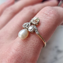 Load image into Gallery viewer, Antique 18ct Gold Saltwater Pearl and Diamond Fancy Cluster Ring modelled on the index finger