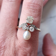 Load image into Gallery viewer, Antique 18ct Gold Saltwater Pearl and Diamond Fancy Cluster Ring modelled on the index finger