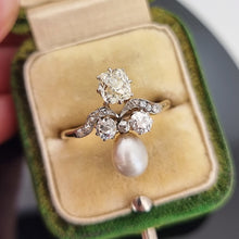 Load image into Gallery viewer, Antique 18ct Gold Saltwater Pearl and Diamond Fancy Cluster Ring in an antique ring box