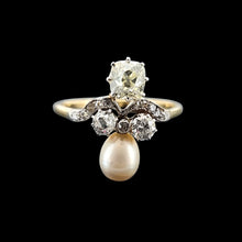 Load image into Gallery viewer, Antique 18ct Gold Saltwater Pearl and Diamond Fancy Cluster Ring on a black background