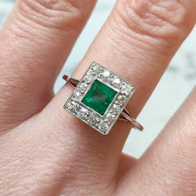 Load image into Gallery viewer, Art Deco Platinum, Emerald and Old Cut Diamond Cluster Ring