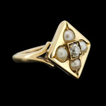 Load image into Gallery viewer, A pearl and diamond square shaped ring in yellow gold, on a black background