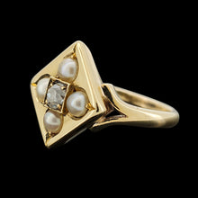 Load image into Gallery viewer, A pearl and diamond square shaped ring in yellow gold, on a black background