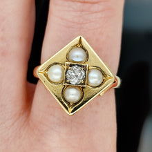 Load image into Gallery viewer, A pearl and diamond square shaped ring in yellow gold, modelled on a finger