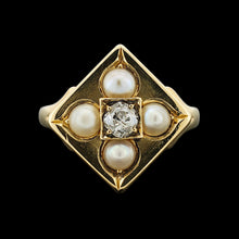 Load image into Gallery viewer, A pearl and diamond square shaped ring in yellow gold, on a black background
