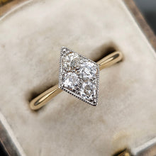 Load image into Gallery viewer, A rhombus shaped four stone diamond ring in yellow gold and platinum, in an antique ring box
