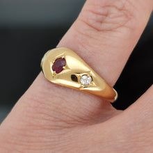 Load image into Gallery viewer, A three stone ruby and diamond ring in yellow gold, modelled on a hand