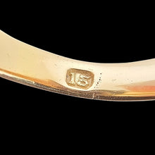 Load image into Gallery viewer, Antique 15ct Yellow Gold Garnet Solitaire Dress Ring close-up of the 15 stamp inside the shank, on a black background