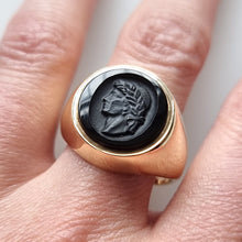 Load image into Gallery viewer, Vintage 9ct Yellow Gold Onyx Cameo Signet Ring, Hallmarked 1958