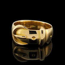 Load image into Gallery viewer, A yellow gold buckle band ring, on a black background