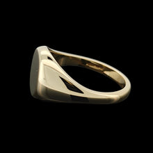 Load image into Gallery viewer, A yellow gold round signet ring, on a black background