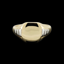 Load image into Gallery viewer, A yellow gold and platinum signet ring, on a black background