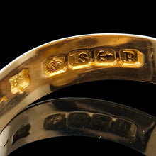 Load image into Gallery viewer, Close-up of an 18 carat gold Birmingham 1914 hallmark inside a yellow gold ring shank