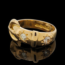 Load image into Gallery viewer, A yellow gold buckle band ring with two diamonds