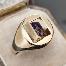 Load image into Gallery viewer, A yellow gold signet ring with an enamelled Masonic square, in an antique ring box