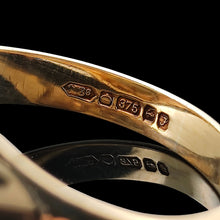 Load image into Gallery viewer, Close-up of a 9 carat gold Birmingham 1980 hallmark inside a yellow gold ring shank