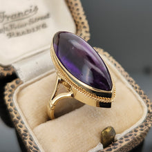 Load image into Gallery viewer, A yellow gold navette shaped cabochon cut amethyst solitaire ring, in a ring box