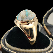 Load image into Gallery viewer, A yellow gold oval turquoise solitaire ring, in a heart-shaped ring box