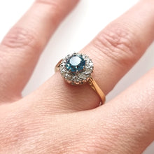 Load image into Gallery viewer, Vintage 18ct Gold Blue Zircon and Diamond Cluster Ring modelled