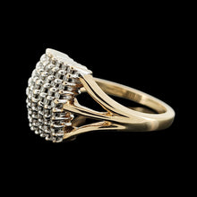 Load image into Gallery viewer, A square shaped diamond cluster ring yellow and white gold, on a black background
