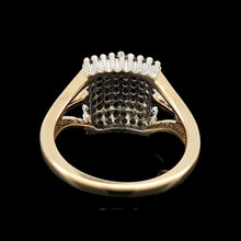 Load image into Gallery viewer, A square shaped diamond cluster ring yellow and white gold, on a black background