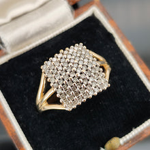 Load image into Gallery viewer, A square shaped diamond cluster ring yellow and white gold, in an antique ring box