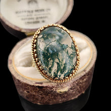 Load image into Gallery viewer, An oval moss agate ring in yellow gold, in an antique ring box