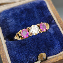 Load image into Gallery viewer, Antique 18ct Yellow Gold Ruby and Diamond Three Stone Ring