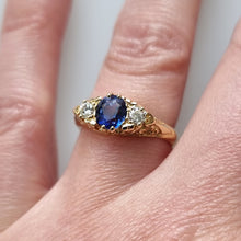 Load image into Gallery viewer, Vintage 18ct Gold Sapphire and Diamond Carved Half Hoop Ring modelled