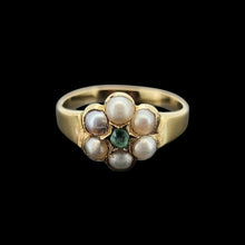 Load image into Gallery viewer, Antique 9ct Gold Emerald and Pearl Mourning Daisy Cluster Ring
