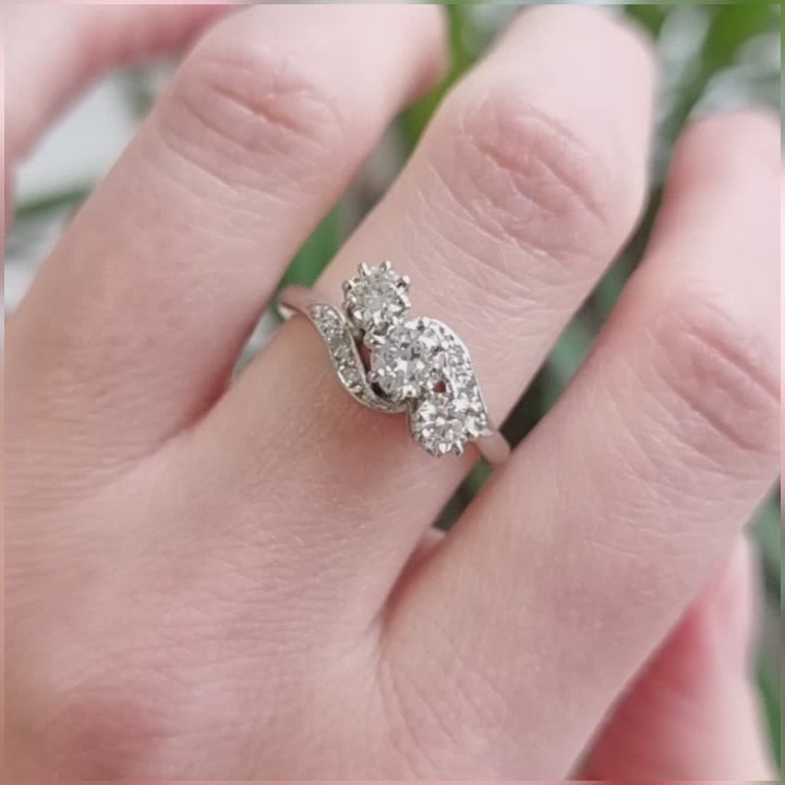 Vintage Platinum Diamond Three Stone Crossover Ring,