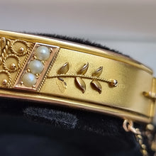 Load image into Gallery viewer, Edwardian 9ct Gold Ruby, Diamond & Seed Pearl Bangle missing leaf