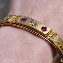 Load image into Gallery viewer, Edwardian 9ct Gold Ruby, Diamond & Seed Pearl Bangle modelled
