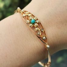 Load image into Gallery viewer, Antique 15ct Gold Turquoise & Pearl Flower Bangle