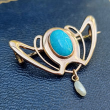 Load image into Gallery viewer, Art Nouveau 9ct Gold Turquoise & Pearl Brooch by Barnet Henry Joseph