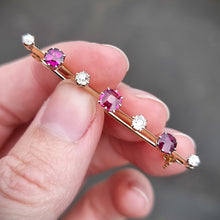 Load image into Gallery viewer, Edwardian 18ct Gold Ruby & Diamond Bar Brooch in hand
