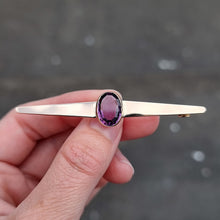 Load image into Gallery viewer, Art Deco Gold Amethyst Bar Brooch in hand