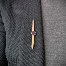 Load image into Gallery viewer, Art Deco Gold Amethyst Bar Brooch modelled on jacket