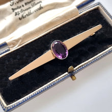 Load image into Gallery viewer, Art Deco Gold Amethyst Bar Brooch in box