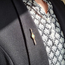 Load image into Gallery viewer, Antique 9ct Gold Opal & Pearl Bar Brooch by Murrle Bennett modelled on jacket